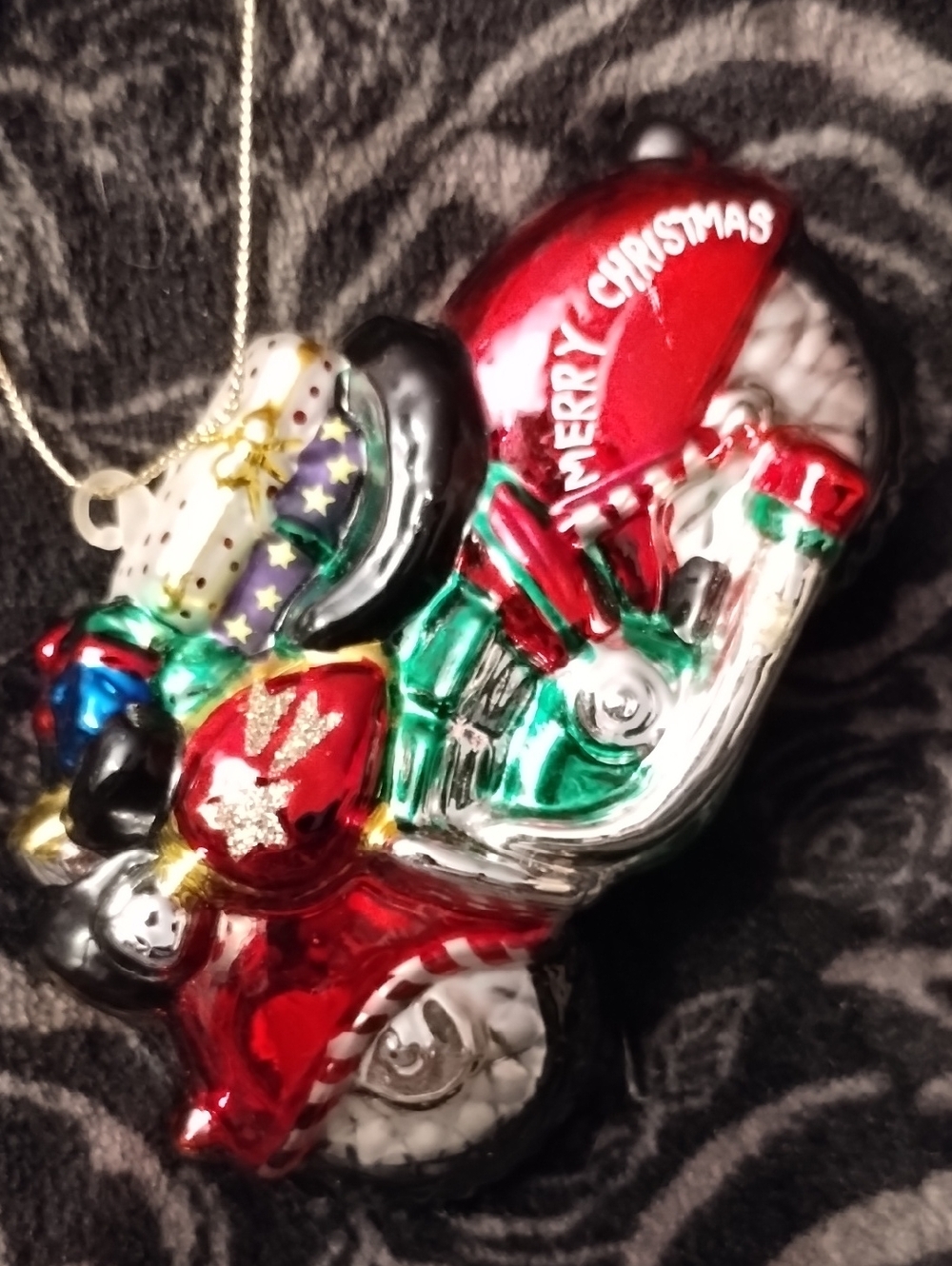 Fire & Light Motorcycle Glass Ornament Red Green Sparkle